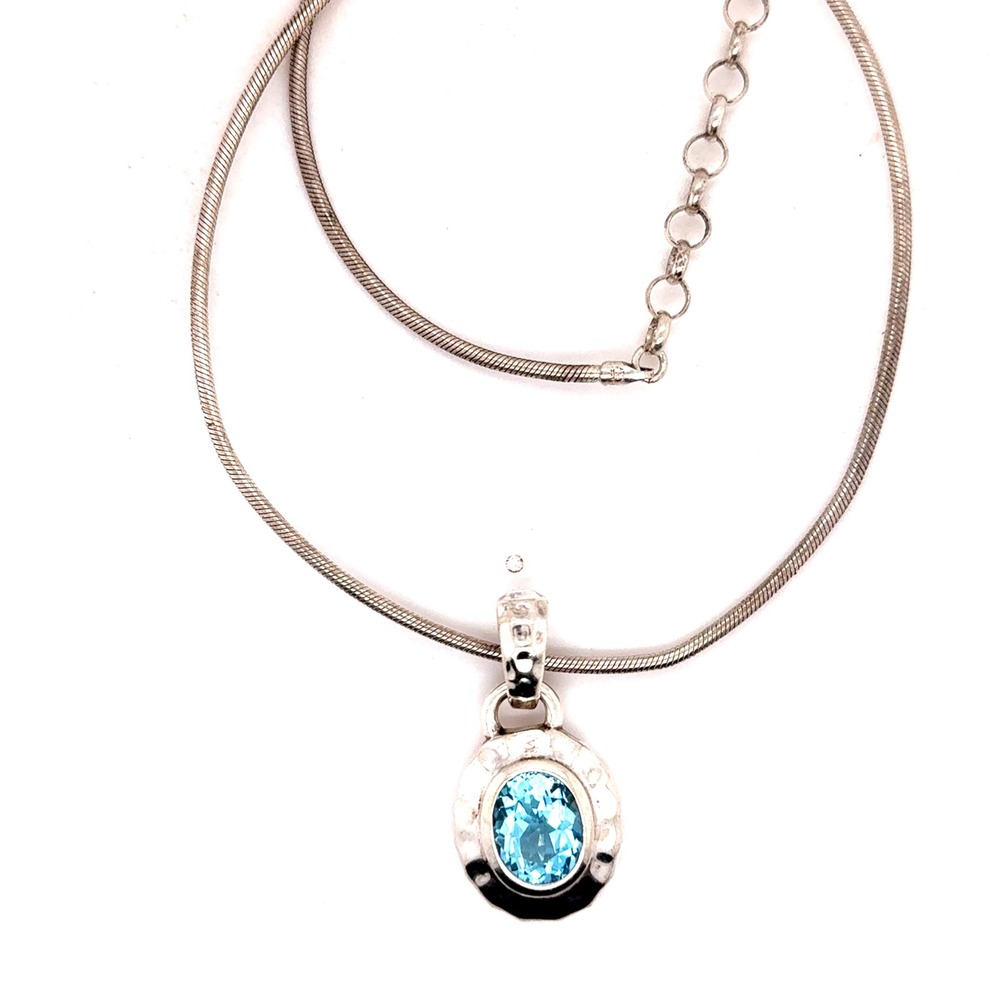 Sterling Silver Blue Topaz Oval Hammered Pendant Snake Chain Necklace 16.5-18in